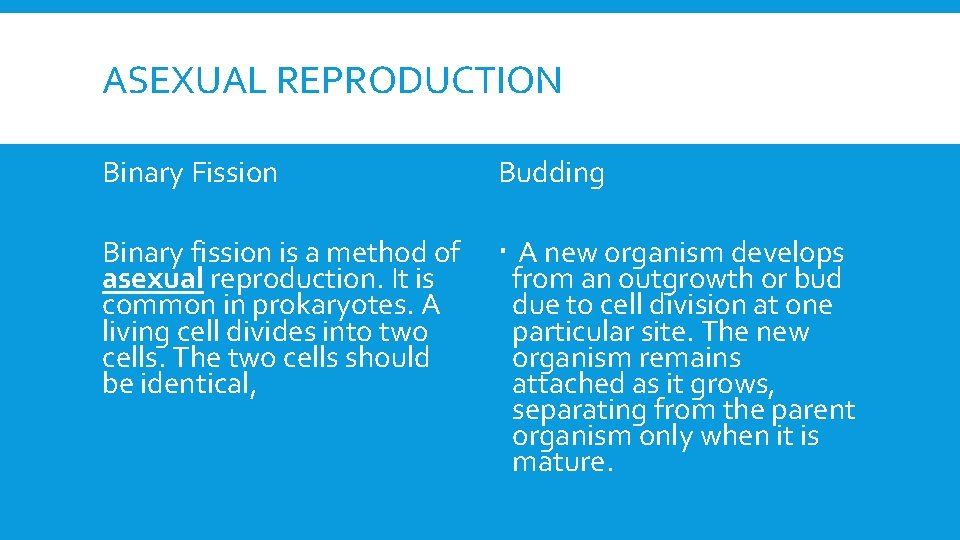 ASEXUAL REPRODUCTION Binary Fission Budding Binary fission is a method of asexual reproduction. It