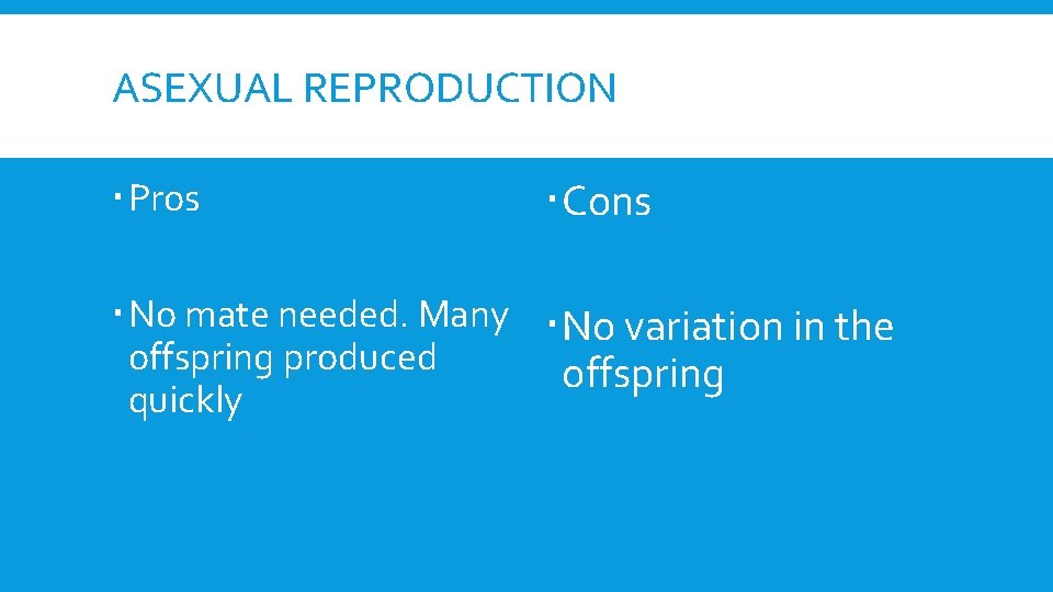 ASEXUAL REPRODUCTION Pros Cons No mate needed. Many No variation in the offspring produced