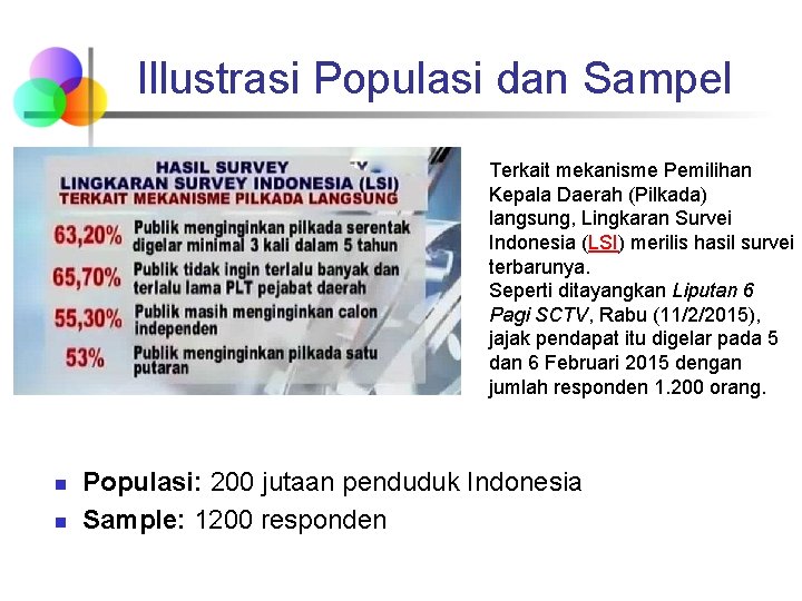 Illustrasi Populasi dan Sampel Terkait mekanisme Pemilihan Kepala Daerah (Pilkada) langsung, Lingkaran Survei Indonesia