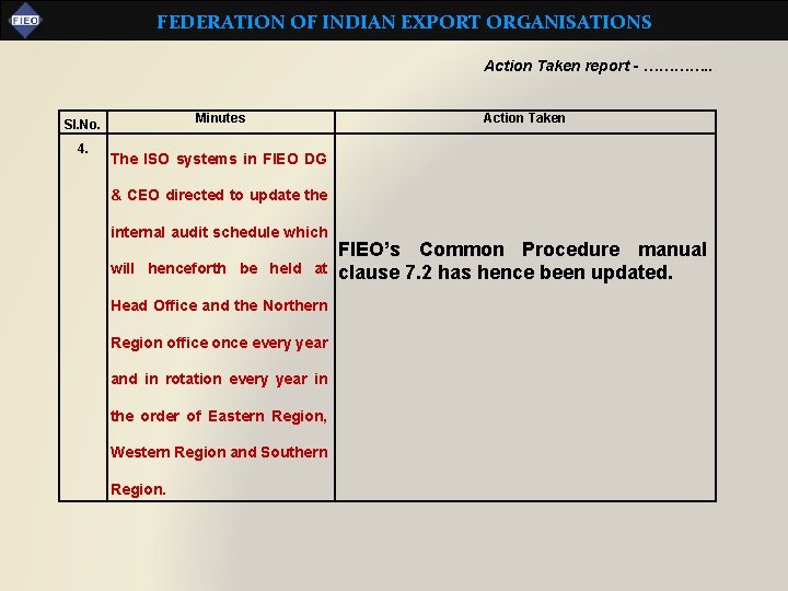FEDERATION OF INDIAN EXPORT ORGANISATIONS Action Taken report - …………. . Minutes Sl. No.