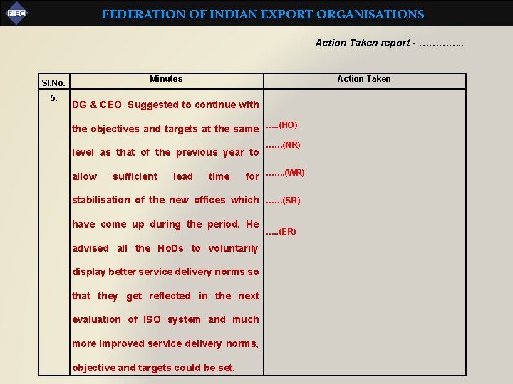 FEDERATION OF INDIAN EXPORT ORGANISATIONS Action Taken report - …………. . Minutes Sl. No.