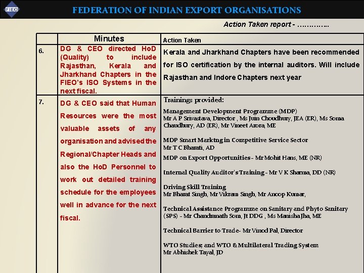 FEDERATION OF INDIAN EXPORT ORGANISATIONS Action Taken report - …………. . Minutes 6. 7.