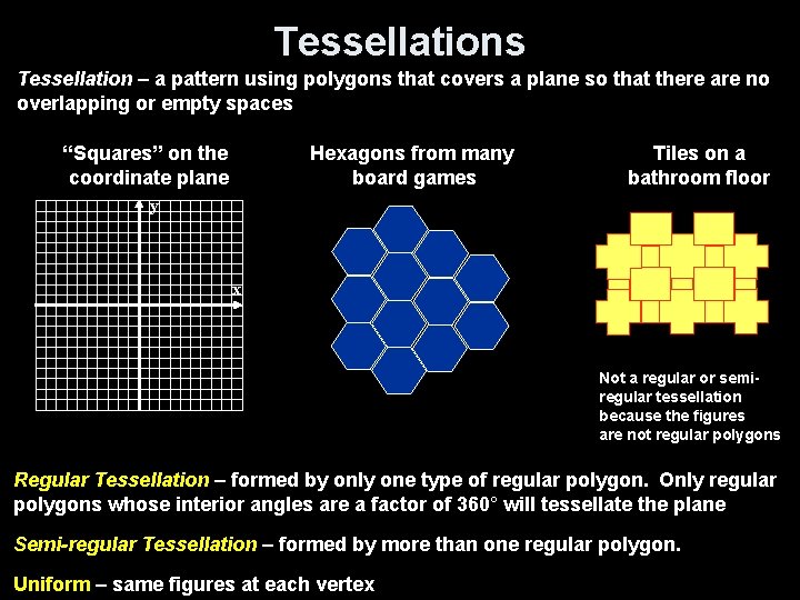 Tessellations Tessellation – a pattern using polygons that covers a plane so that there