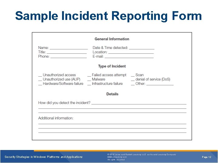 Sample Incident Reporting Form Security Strategies in Windows Platforms and Applications © 2015 Jones