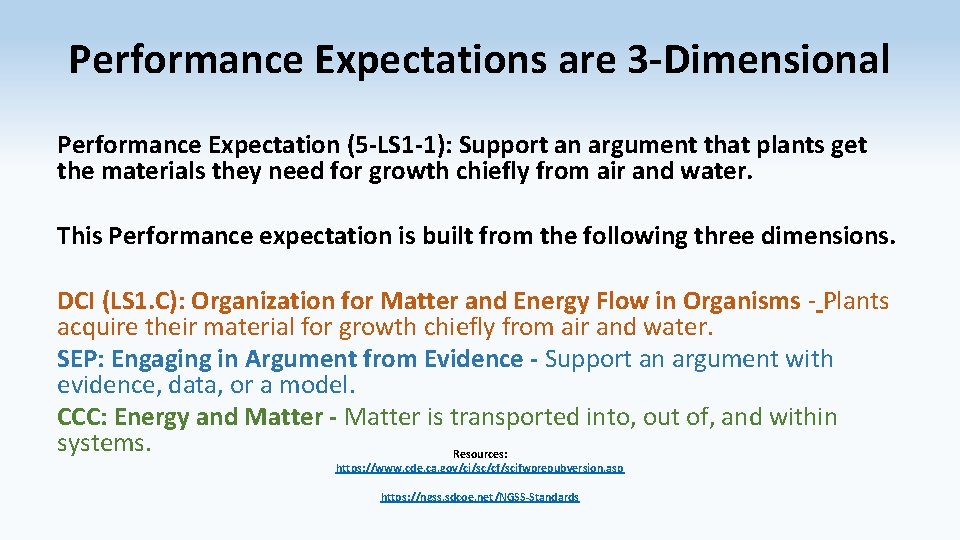 Performance Expectations are 3 -Dimensional Performance Expectation (5 -LS 1 -1): Support an argument