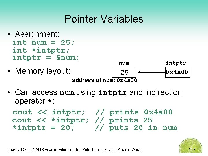 Pointer Variables • Assignment: int num = 25; int *intptr; intptr = &num; •