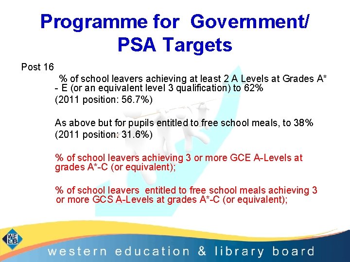 Programme for Government/ PSA Targets Post 16 % of school leavers achieving at least
