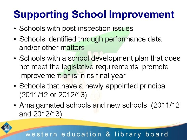 Supporting School Improvement • Schools with post inspection issues • Schools identified through performance