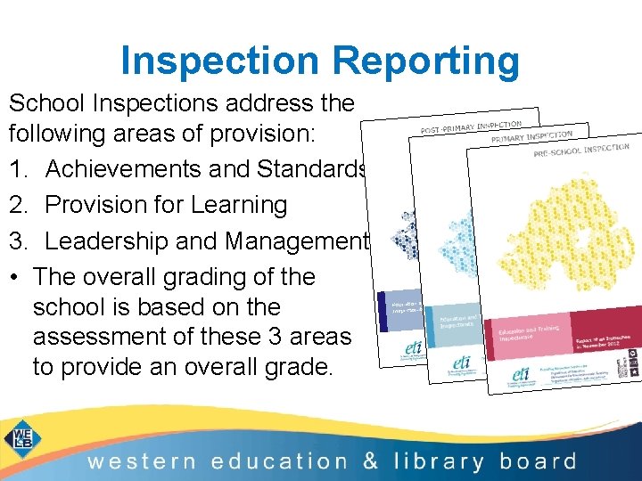 Inspection Reporting School Inspections address the following areas of provision: 1. Achievements and Standards