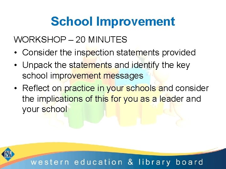 School Improvement WORKSHOP – 20 MINUTES • Consider the inspection statements provided • Unpack