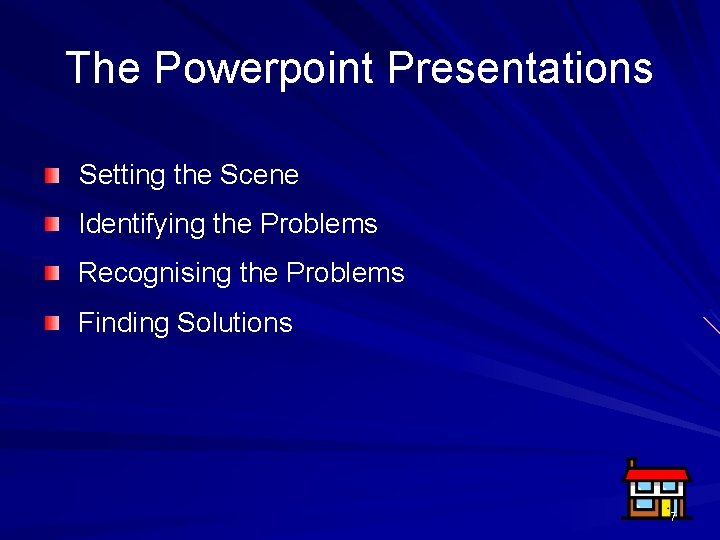 The Powerpoint Presentations Setting the Scene Identifying the Problems Recognising the Problems Finding Solutions