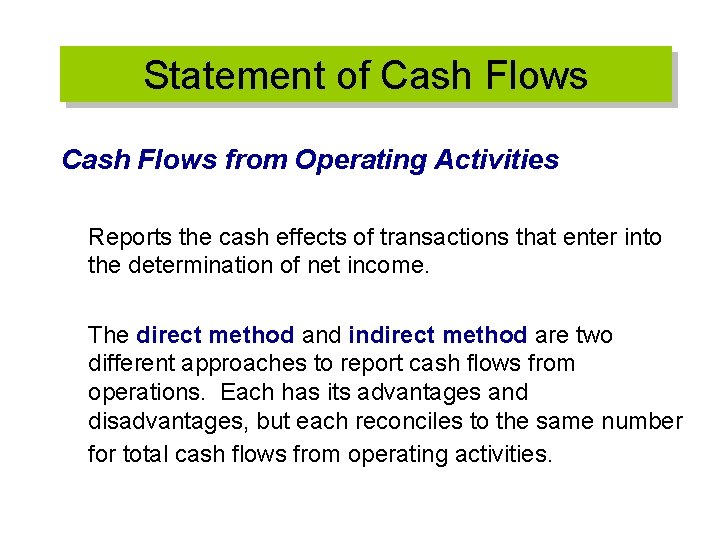 Statement of Cash Flows from Operating Activities Reports the cash effects of transactions that