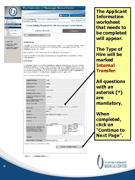 The Applicant Information worksheet that needs to be completed will appear. The Type of