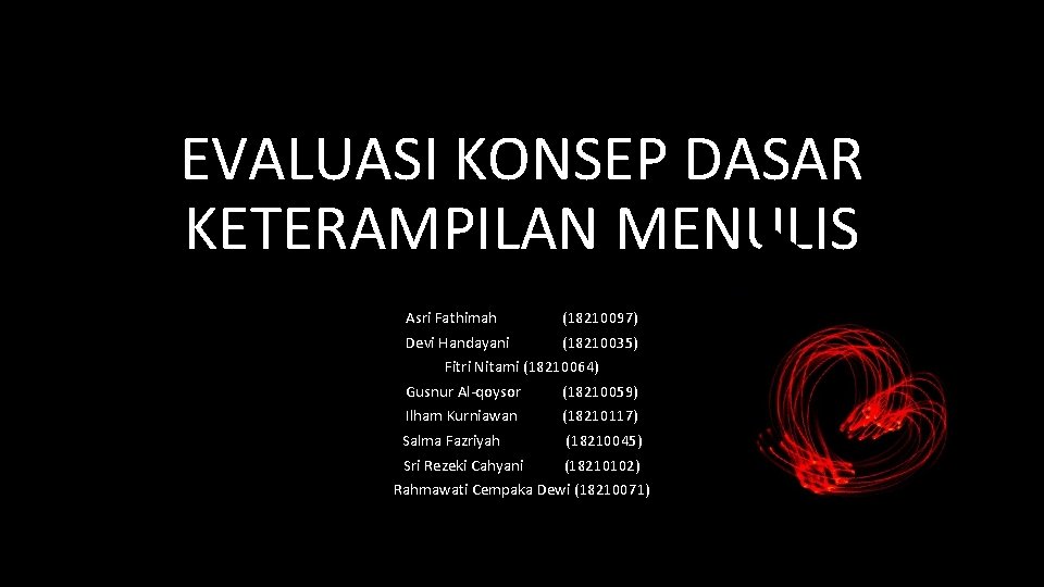 EVALUASI KONSEP DASAR KETERAMPILAN MENULIS Asri Fathimah (18210097) Devi Handayani (18210035) Fitri Nitami (18210064)