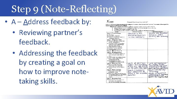 Step 9 (Note-Reflecting) • A – Address feedback by: • Reviewing partner’s feedback. •