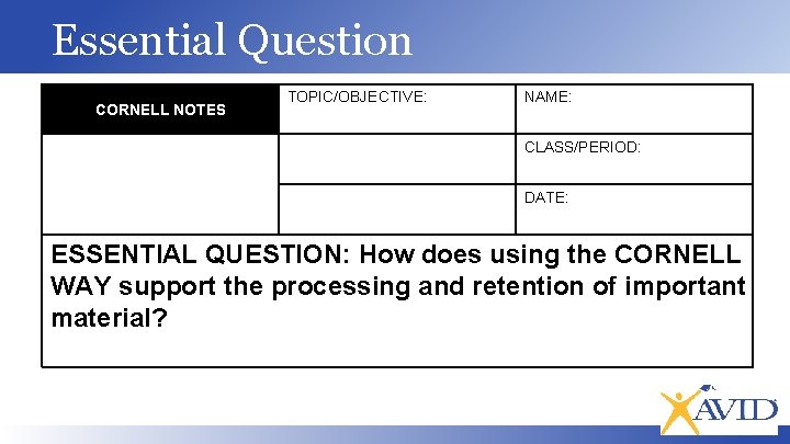 Essential Question CORNELL NOTES TOPIC/OBJECTIVE: NAME: CLASS/PERIOD: DATE: ESSENTIAL QUESTION: How does using the