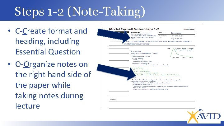 Steps 1 -2 (Note-Taking) • C-Create format and heading, including Essential Question • O-Organize