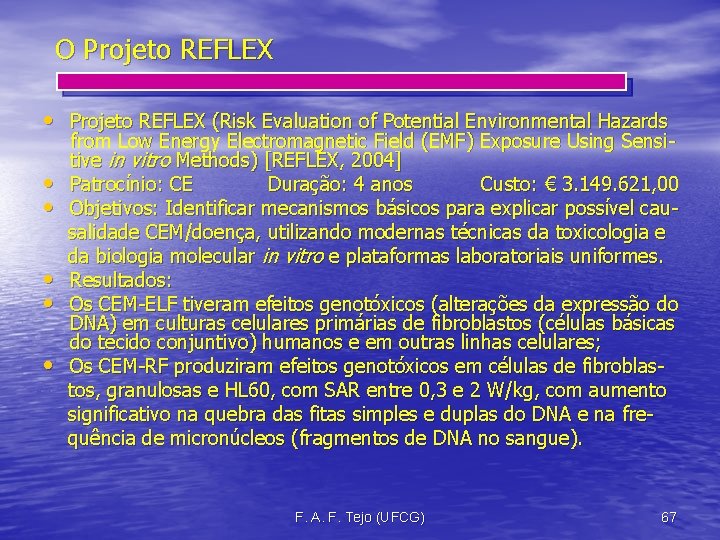 O Projeto REFLEX • Projeto REFLEX (Risk Evaluation of Potential Environmental Hazards • •