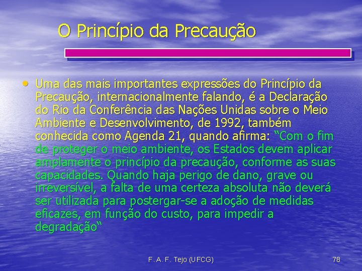 O Princípio da Precaução • Uma das mais importantes expressões do Princípio da Precaução,