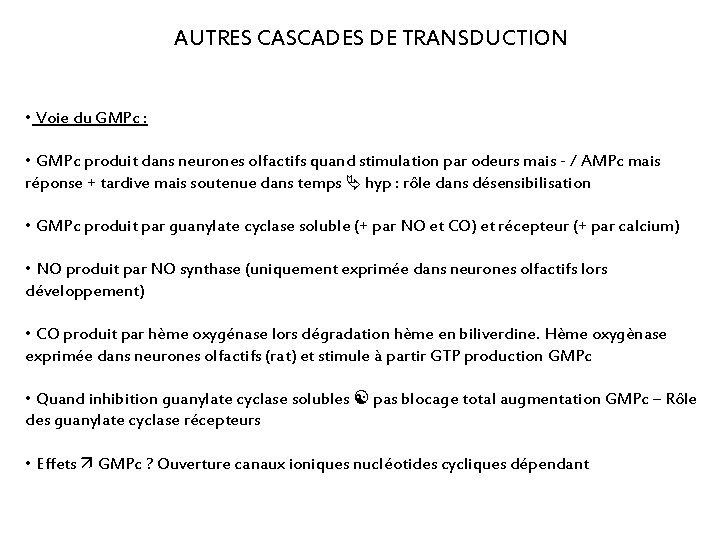 AUTRES CASCADES DE TRANSDUCTION • Voie du GMPc : • GMPc produit dans neurones