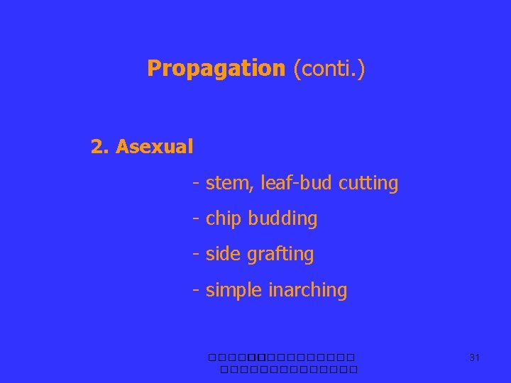 Propagation (conti. ) 2. Asexual - stem, leaf-bud cutting - chip budding - side