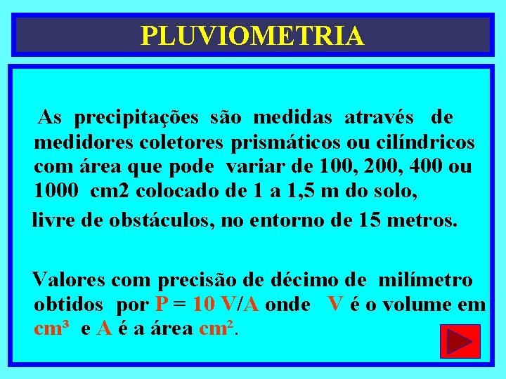 PLUVIOMETRIA As precipitações são medidas através de medidores coletores prismáticos ou cilíndricos com área