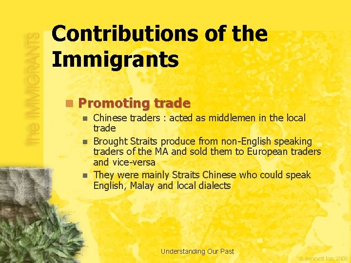 Contributions of the Immigrants n Promoting trade Chinese traders : acted as middlemen in