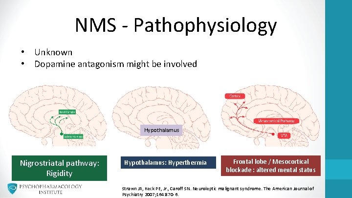 NMS - Pathophysiology • Unknown • Dopamine antagonism might be involved Hypothalamus Nigrostriatal pathway: