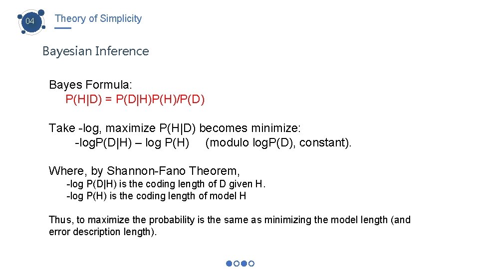 04 Theory of Simplicity Bayesian Inference Bayes Formula: P(H|D) = P(D|H)P(H)/P(D) Take -log, maximize