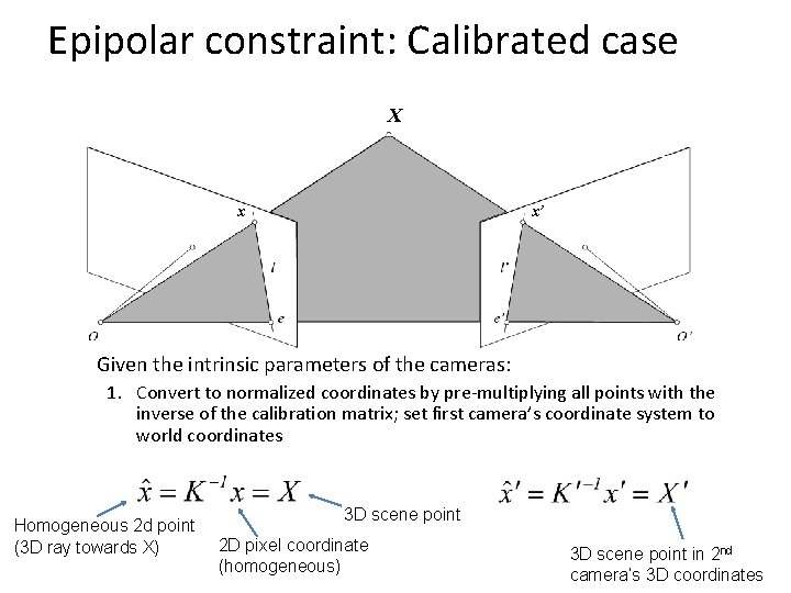 Epipolar constraint: Calibrated case X x x’ Given the intrinsic parameters of the cameras: