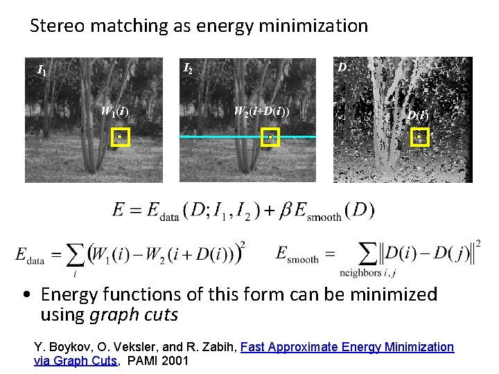 Stereo matching as energy minimization I 2 I 1 W 1(i ) D W