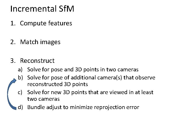 Incremental Sf. M 1. Compute features 2. Match images 3. Reconstruct a) Solve for