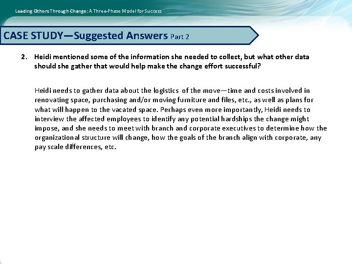 Leading Others Through Change: A Three-Phase Model for Success CASE STUDY—Suggested Answers Part 2