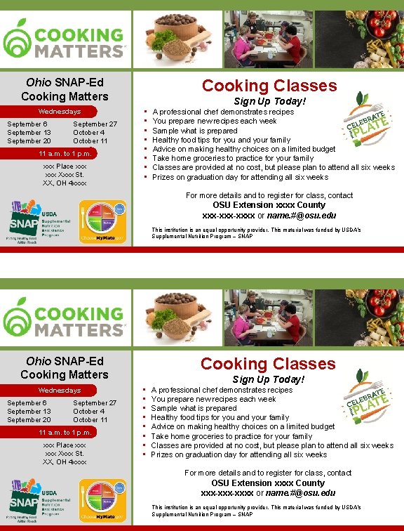 Cooking Classes Ohio SNAP-Ed Cooking Matters Wednesdays September 6 September 13 September 20 September