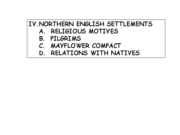 IV. NORTHERN ENGLISH SETTLEMENTS A. RELIGIOUS MOTIVES B. PILGRIMS C. MAYFLOWER COMPACT D. RELATIONS