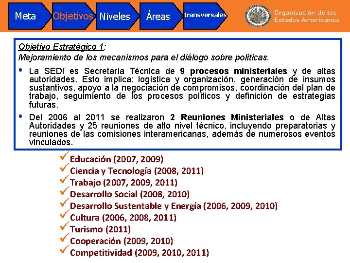 Meta Objetivos Niveles Áreas transversales Objetivo Estratégico 1: Mejoramiento de los mecanismos para el