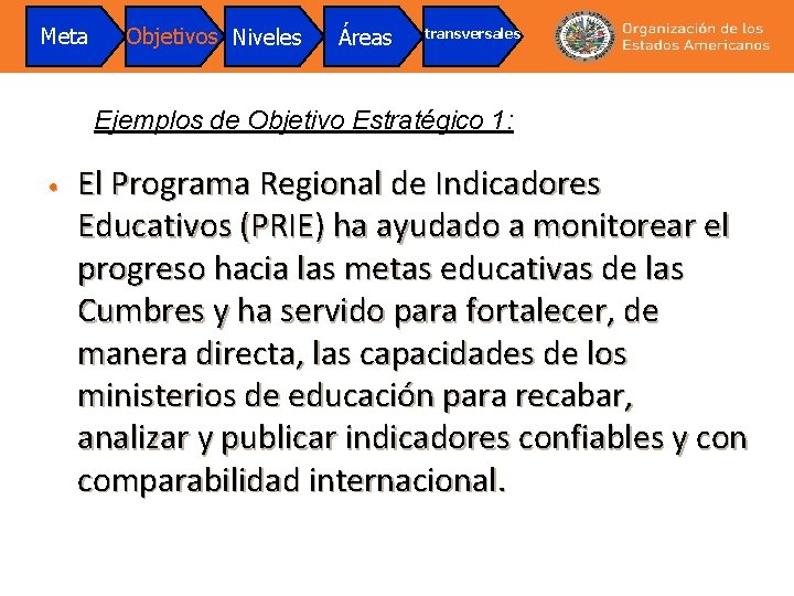 Meta Objetivos Niveles Áreas transversales Ejemplos de Objetivo Estratégico 1: • El Programa Regional