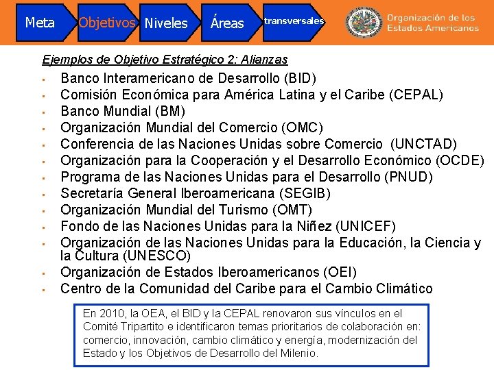 Meta Objetivos Niveles Áreas transversales Ejemplos de Objetivo Estratégico 2: Alianzas • • •