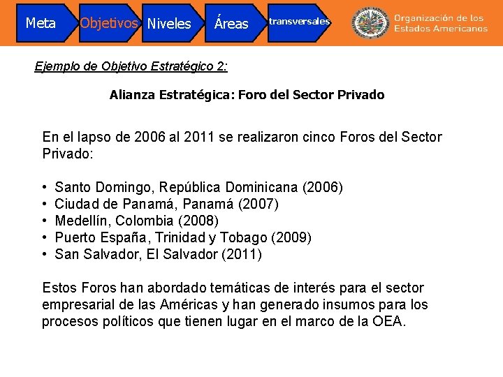 Meta Objetivos Niveles Áreas transversales Ejemplo de Objetivo Estratégico 2: Alianza Estratégica: Foro del