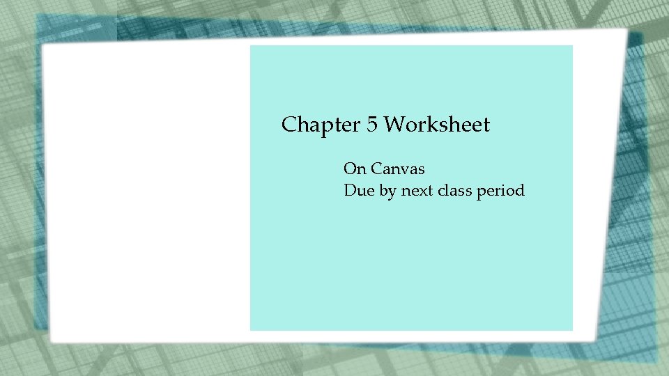 Chapter 5 Worksheet On Canvas Due by next class period 