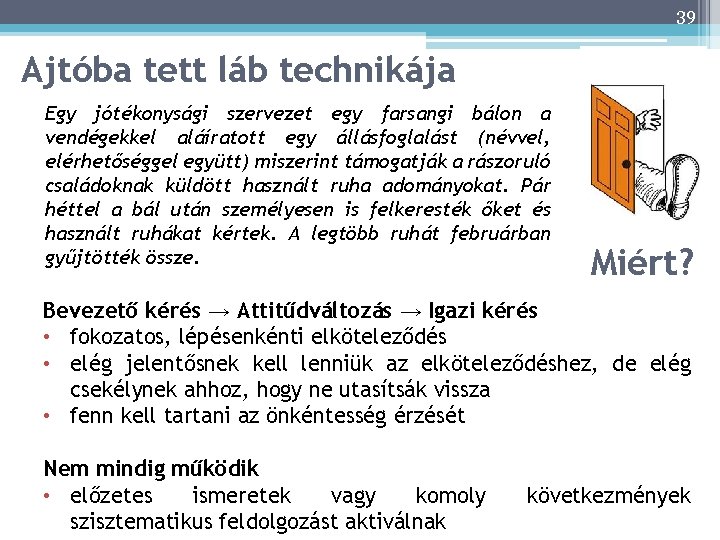 39 Ajtóba tett láb technikája Egy jótékonysági szervezet egy farsangi bálon a vendégekkel aláíratott