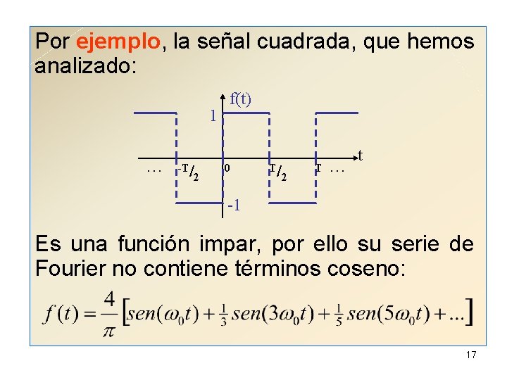 Por ejemplo, la señal cuadrada, que hemos analizado: 1. . . -T/ 2 f(t)