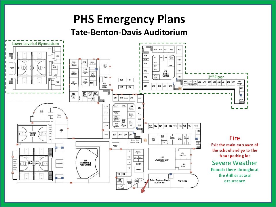 PHS Emergency Plans Tate-Benton-Davis Auditorium Fire Exit the main entrance of the school and