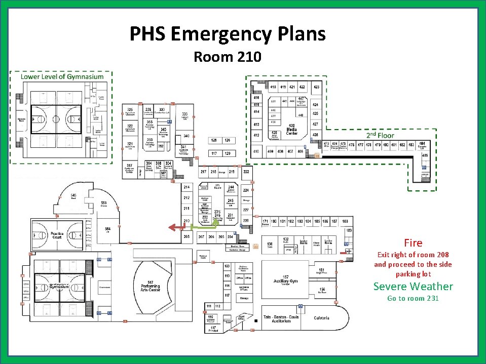 PHS Emergency Plans Room 210 Fire Exit right of room 208 and proceed to