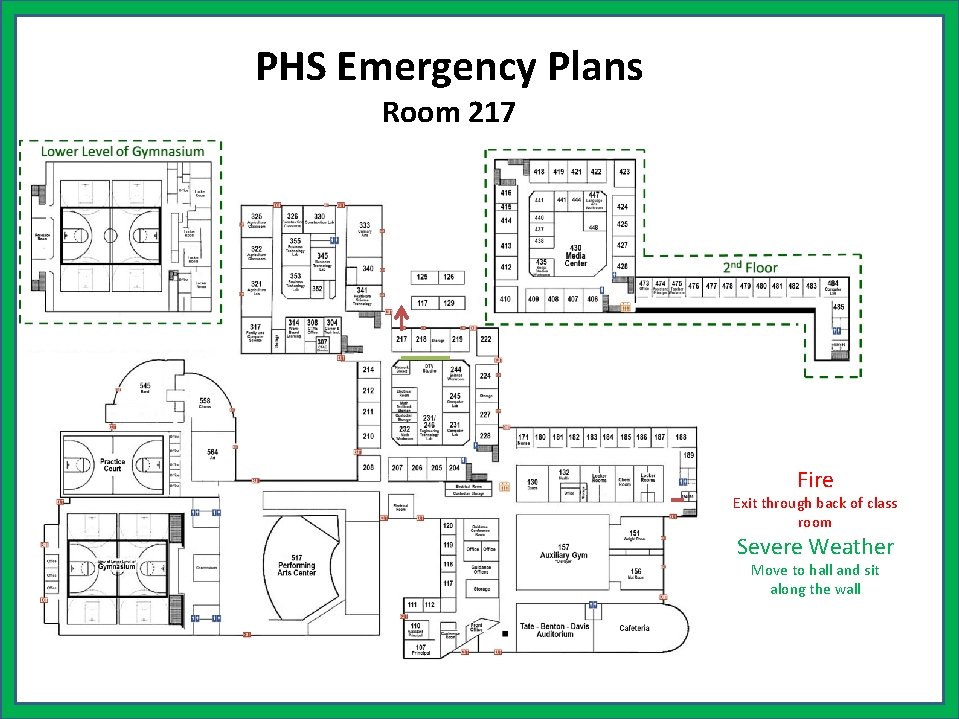 PHS Emergency Plans Room 217 Fire Exit through back of class room Severe Weather