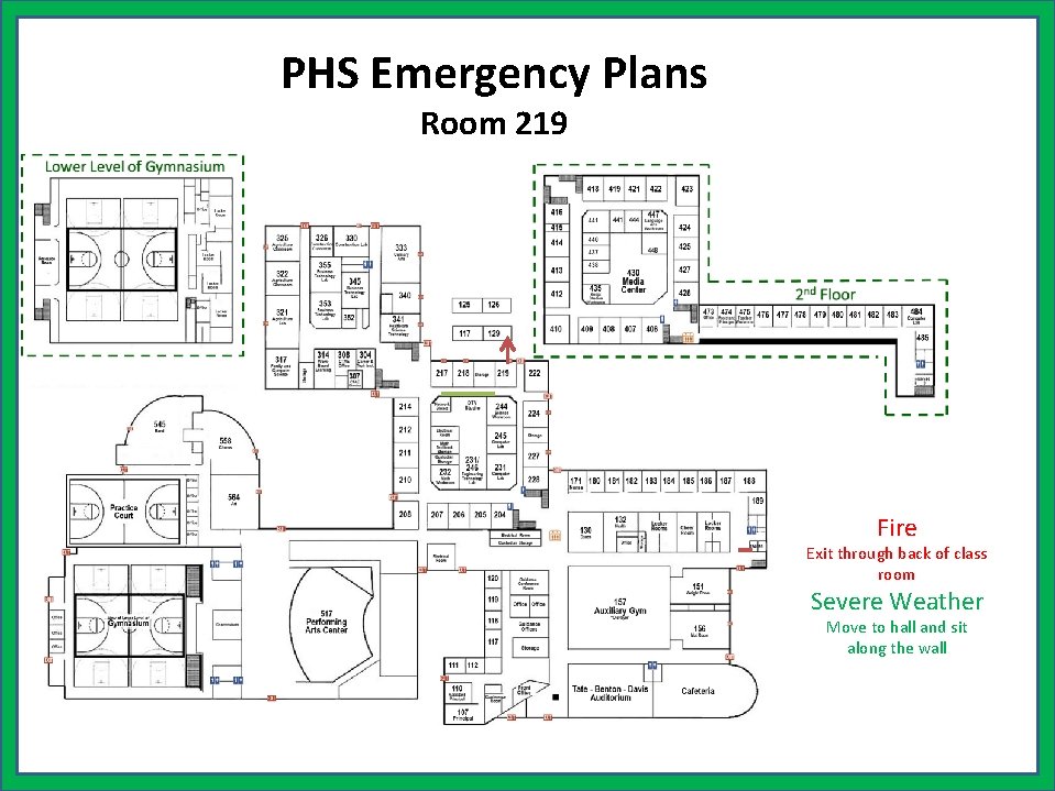 PHS Emergency Plans Room 219 Fire Exit through back of class room Severe Weather