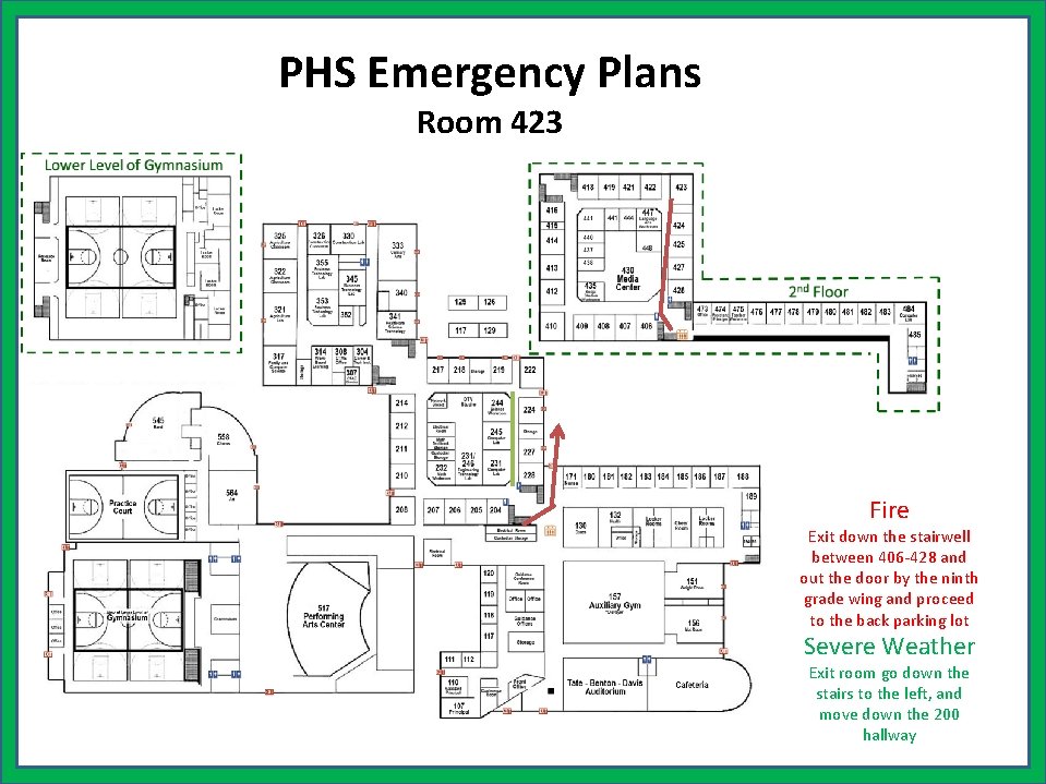 PHS Emergency Plans Room 423 Fire Exit down the stairwell between 406 -428 and