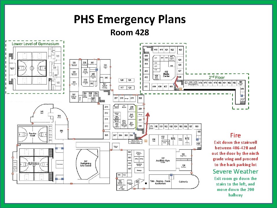PHS Emergency Plans Room 428 Fire Exit down the stairwell between 406 -428 and
