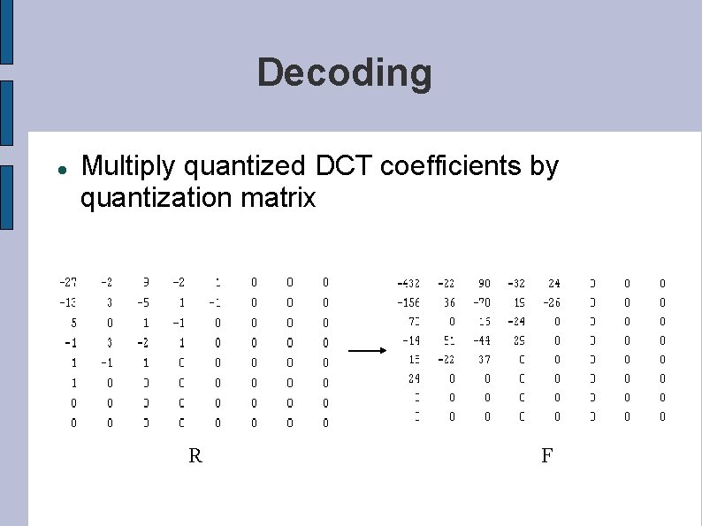 Decoding Multiply quantized DCT coefficients by quantization matrix R F 