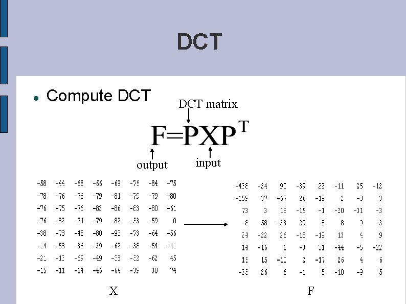 DCT Compute DCT output X DCT matrix input F 